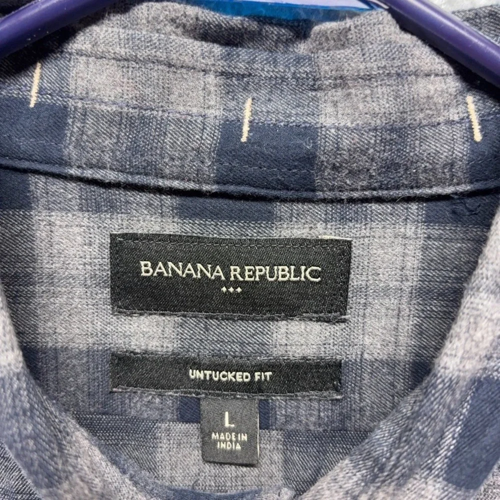 Banana Republic Shirt Mens Large Gray Plaid Button Down Flannel Untucked Fit‎